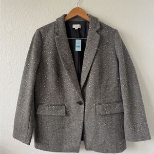 Loft Petites Womens Brown & Tan Herringbone w/Sequin Wool Button Blazer Size 16